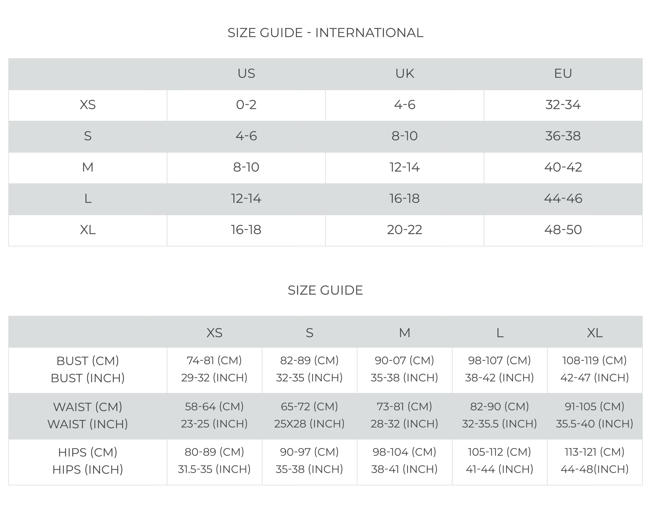 Dress size guide