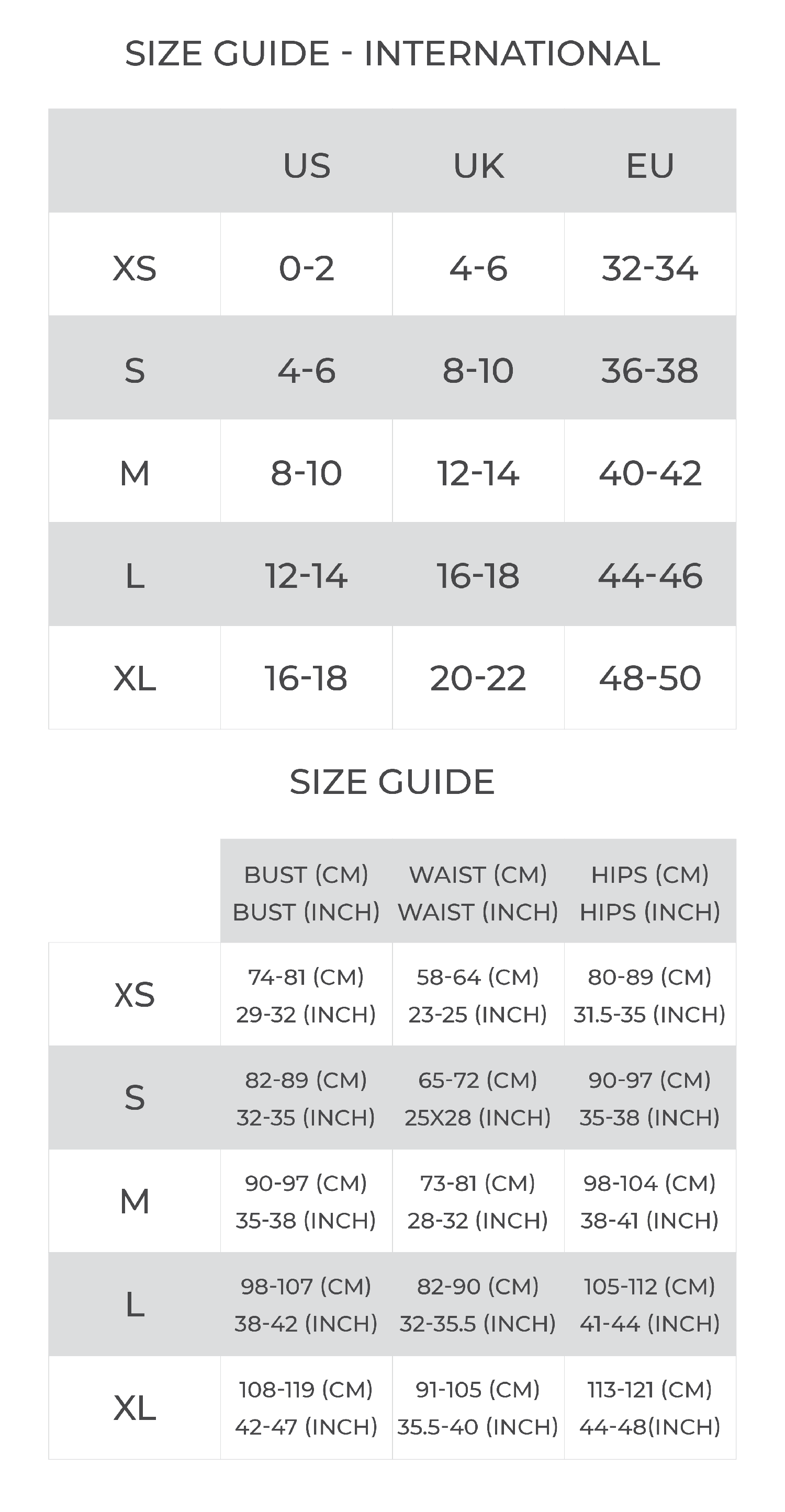 Flying Dress size guide mobile