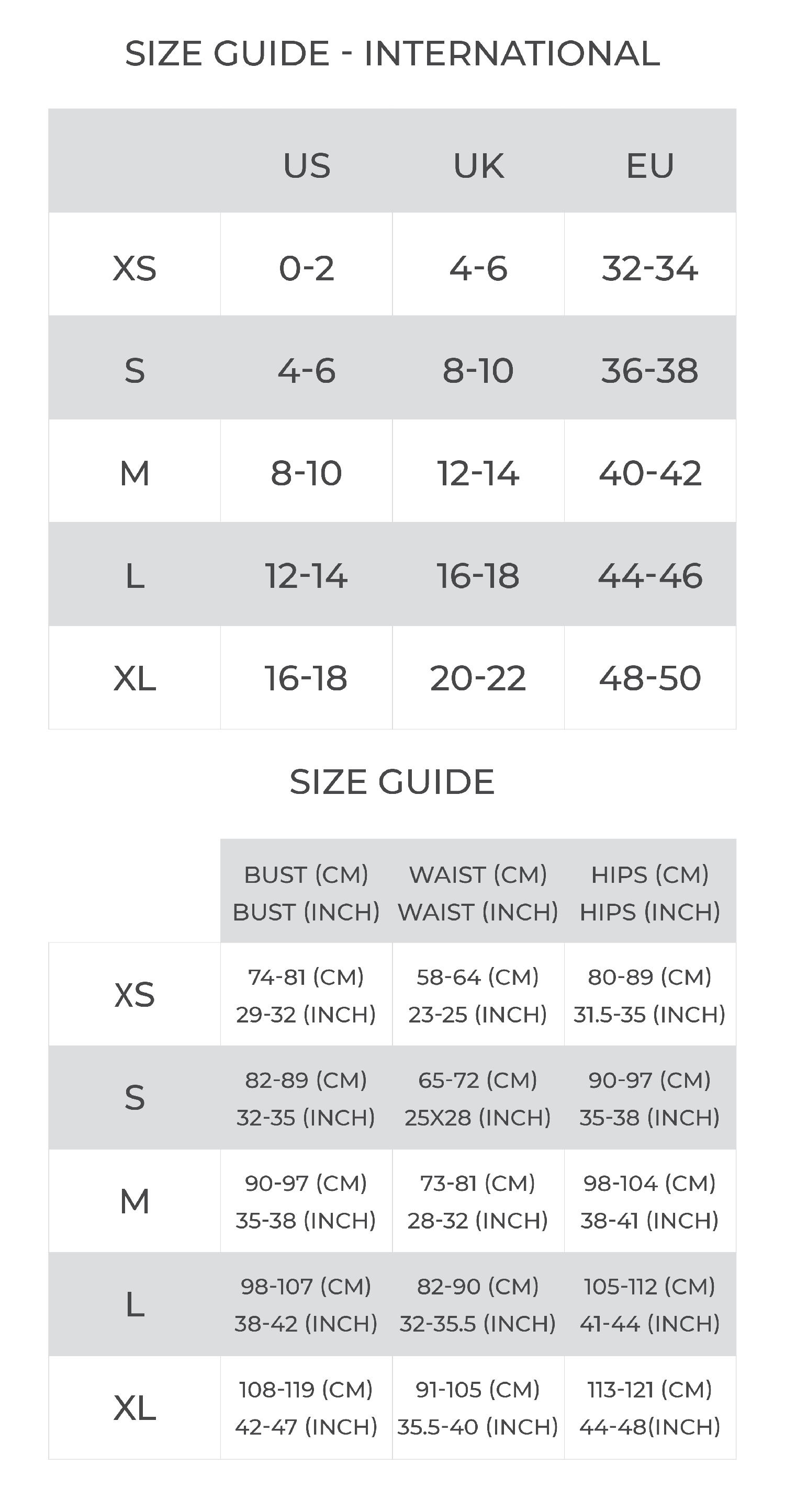 Dress size guide mobile